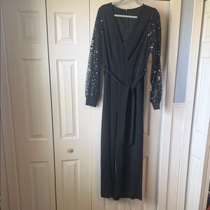 SHEIN Black Wrap Wide-Leg Jumpsuit with Sequin Sleeves